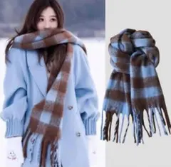 青×茶 チェックマフラー　大判マフラー フリンジマフラー 秋冬 ひざ掛けOK