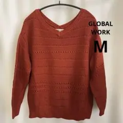 GLOBAL WORK 綿混ゆったり赤Vネック ニット M