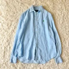 美品♥️ラルフローレン 麻 リネン 長袖シャツ チェック柄 刺繍ロゴ 青×白 ポロ ラルフローレン POLO RALPH LAUREN シャツ チェック 長袖