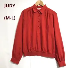 ☘️JUDY(M-L)ハーフボタンブラウス　長袖　透け感　裾ゴム　赤　トップス