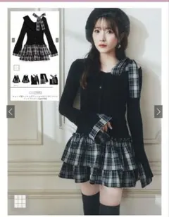 GRL チェック柄ドッキングワンショルダーリボンフリルニットワンピース Mサイズ