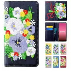 新品未使用✨iPhone 11手帳型カバー パンジー 素敵な刺繍❣️ ネイビー