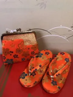 オレンジ花柄草履とバッグセット