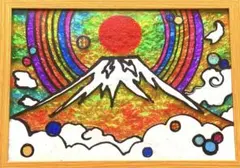 幸運の虹秋の富士空ステンドグラスガラス絵の具癒しアート沖縄犬猫手描き龍神イラスト