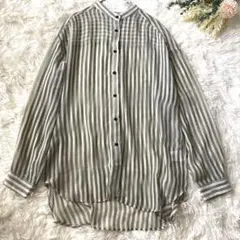極美品 クラシカルエルフ 上品シアー ストライプ バンドカラーシャツ グレー M