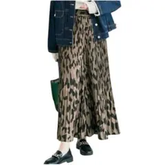B280 総柄プリーツフレアスカンツ レオパードトレンドパンツ 新品 L
