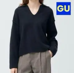 GU ジーユー パフィータッチ スキッパーポロセーター（長袖）ネイビー
