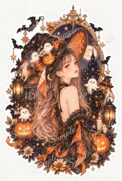 月夜のハロウィン魔女 古城と黒猫｜人物ステッカー ハガキサイズ 3枚セット