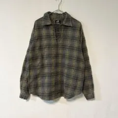 古着 レースアップ チェックシャツ プルオーバー アースカラー ユニセックス
