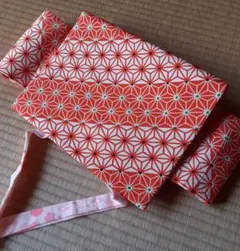 レトロな二部式帯　朱色の麻の葉文様