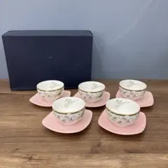 E-1 昭和レトロ 胡蝶蘭 茶菓揃 一色窯 湯呑 小皿セット 5客組 蘭柄 金彩