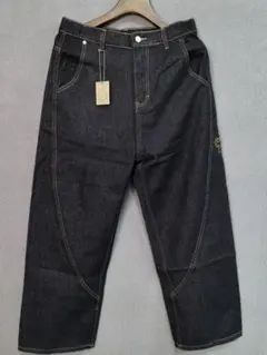 Mertra デニムダークデニム ワイドシルエットパンツ ロゴ刺繍付き、