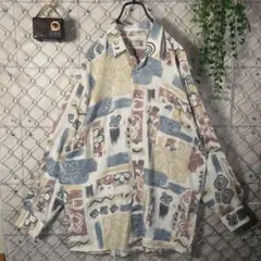 ヴィンテージ アート 総柄シャツ マルチカラー くすみカラー テロ感 L〜