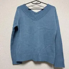 ブルー　Vネック　長袖ニットセーター　ラメ入り　Mサイズ　シンプル　おしゃれ