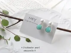 ＊淡水パールとワイヤーでくるんだ艶やかアマゾナイトの2wayスタッドピアス＊