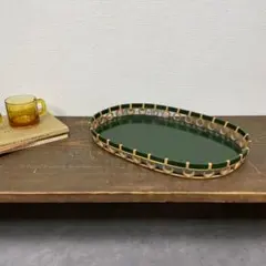 ヴィンテージ トレー グリーン お盆 丸形 レトロ 緑 ラタン 籐 ビンテージのサムネイル