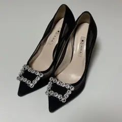 DIANA ビジュー付きパンプス 黒 24cm 【G19225】