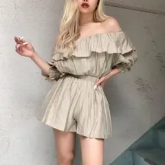 ボリュームフリンジ シャーリングレース 上下2ピースセットアップワンピース