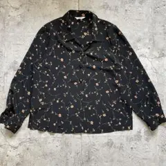美品 レトロ 古着 花柄 ブラウス シャツ 黒 オレンジ 昭和 総柄 長袖