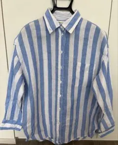 H&M リネン青白ストライプ長袖シャツ