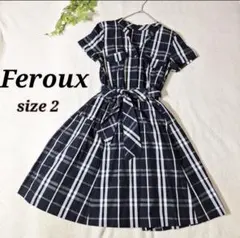 Feroux フェルゥ チェックワンピース ウエストゴム リボン 黒 オンワード