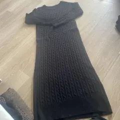 ブラック ケーブルニット ロングワンピース
