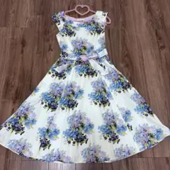 【ローラアシュレイ】花柄ロングワンピース ウエストリボン 紫陽花 フレアAライン