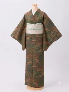 洗える着物　小紋　極美品　袷　洗える小紋　フルセット可　茶　遠山　風景　茶屋辻のサムネイル