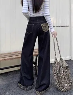 レオパード柄ロールアップ ワイドデニムパンツのサムネイル
