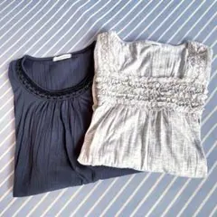 【サイズL】長袖、七分袖トップス2点セット（ベージュ/紺色）