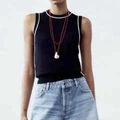 ZARA　コントラストトリム　プレーンニットトップス　ネイビー　Ｍサイズ