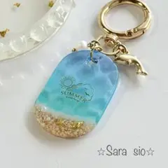 【No.657】レジンキーホルダー　海　丸タグ型