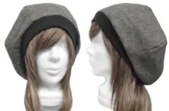 ハンドメイド◆ゆったりルーズ・リブ付ベレー帽◆ウールツイード／グレー×黒mix