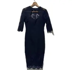 ネイビー レース 七分袖 キャバドレス ワンピース 膝丈　M カップ付