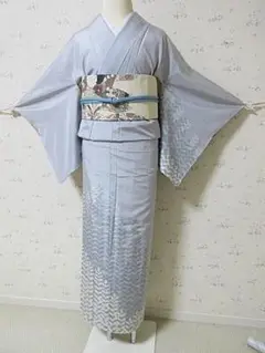 白大島紬：リーフライン：付け下げ：美品：７号：しつけ糸：正絹：M46