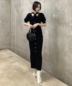 rienda 2WAYネックリボンフェイクパールニットワンピース　ブラック