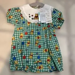 【新品】95 フタフタ　プーさん　総柄半袖ロンパースTシャツ チェック柄緑