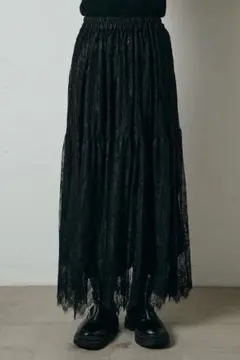 ひげレース切替ロング丈スカート インナーペチコート付きスカート 黒 ESICA