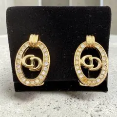 Dior ディオール イヤリング CDロゴ ラインストーン オーバル ゴールド