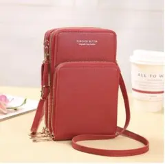 スマホショルダー 赤スマホポーチ ショルダーバッグ 大容量 多機能 財布