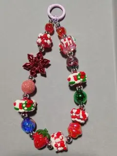 クリスマスカラー　赤系ビーズストラップ　②