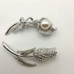 パール付き花型ブローチ2個セットバラ、チューリップ