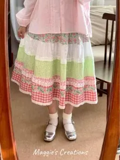 森ガール フラワーチェック柄 レース パッチワーク ロングフレアスカート 平成