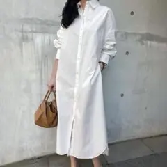 【新品タグ付き】ロングシャツワンピース M〜L ベージュ リボン付き