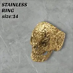 新品 ゴールドスカルリング 14号 ステンレス アクセサリー 17mm