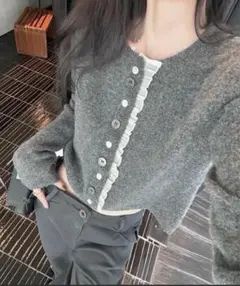 フロントフリル丸首カーディガン レディース