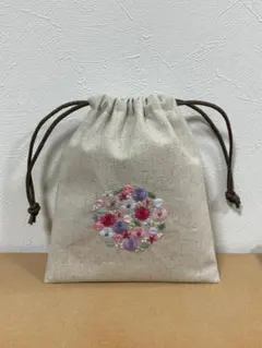 【お花の手刺繍】かわいい巾着　サークルフラワー　ピンク＆パープル&ブルー　リネン