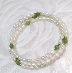 天然淡水パール 3連ラップブレスレット グリーン天然石 ゴールド 形状記