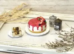 ミニチュアスイーツ♡いちごソースのレアチーズケーキ♡樹脂粘土♡いちご♡ケーキ