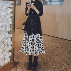 モノトーン フレア シャツワンピース ロング丈 ウエストリボン 韓国 モード系